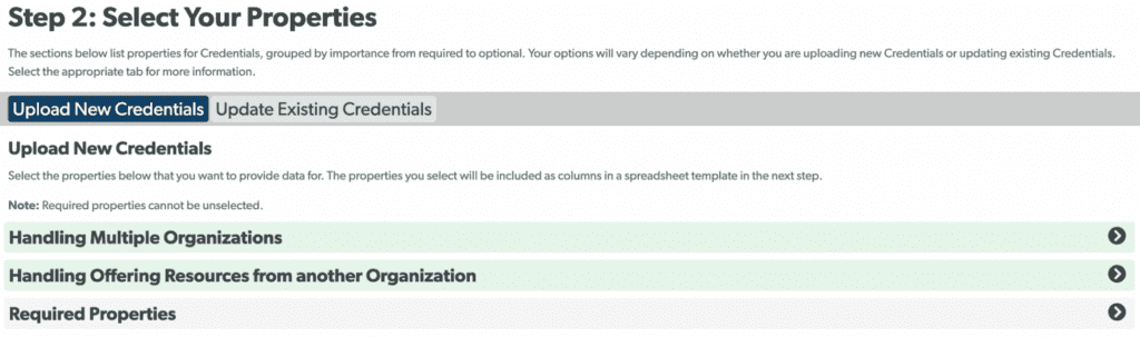 Step 2 of the Bulk Upload tool, with Upload New Credentials selected.