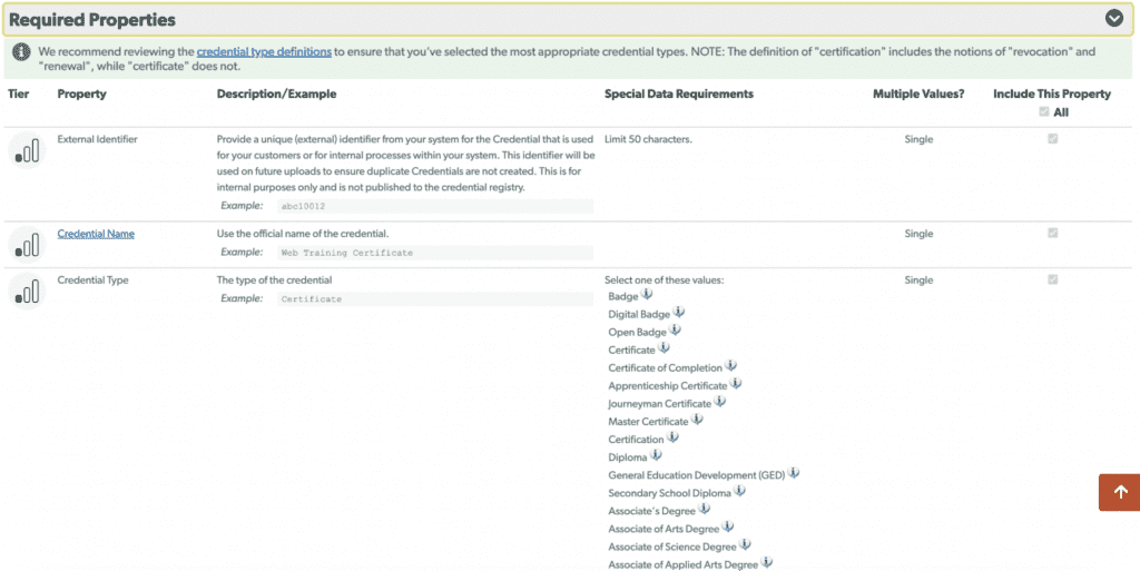 The expanded Required Properties tab, with a one-bar signal icon next to each property.