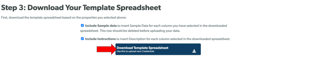 Step 3, with Include Sample Data and Include Instructions checked and the Download Template Spreadsheet button.