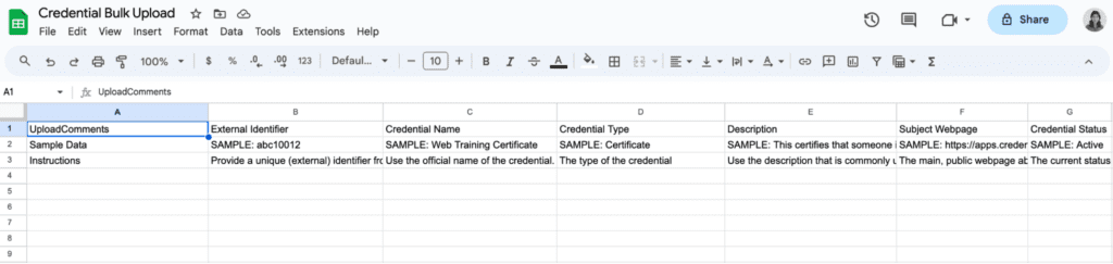 The downloaded template open in a spreadsheet: property headers in row 1, sample data and instructions in rows 2 and 3.