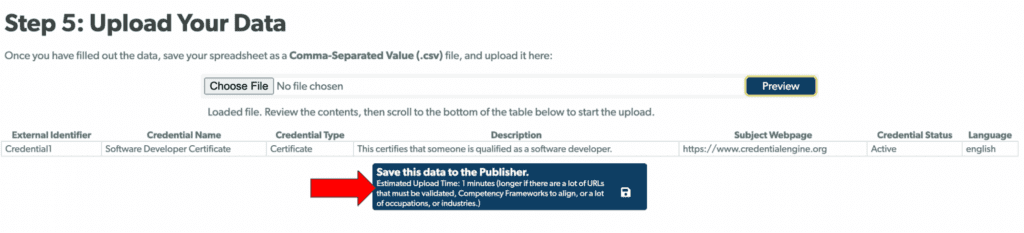 Step 5 of the Bulk Upload tool, with Choose File, Preview, and Save this Data to the Publisher.
