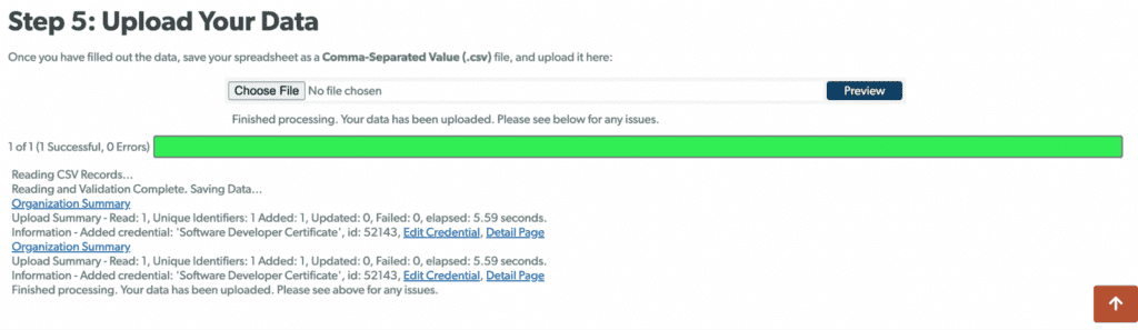 The upload summary notification, listing what was added and any errors.