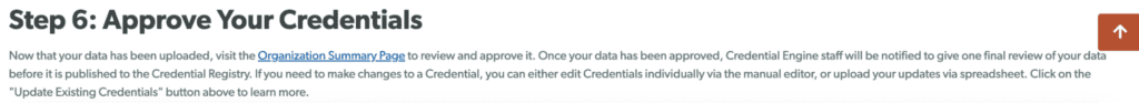Step 6 of the Bulk Upload tool, with the blue link to the Organization Summary page.