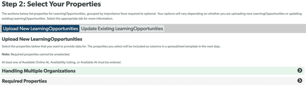 Step 2 of the Bulk Upload tool, where you choose the properties to include in your template.