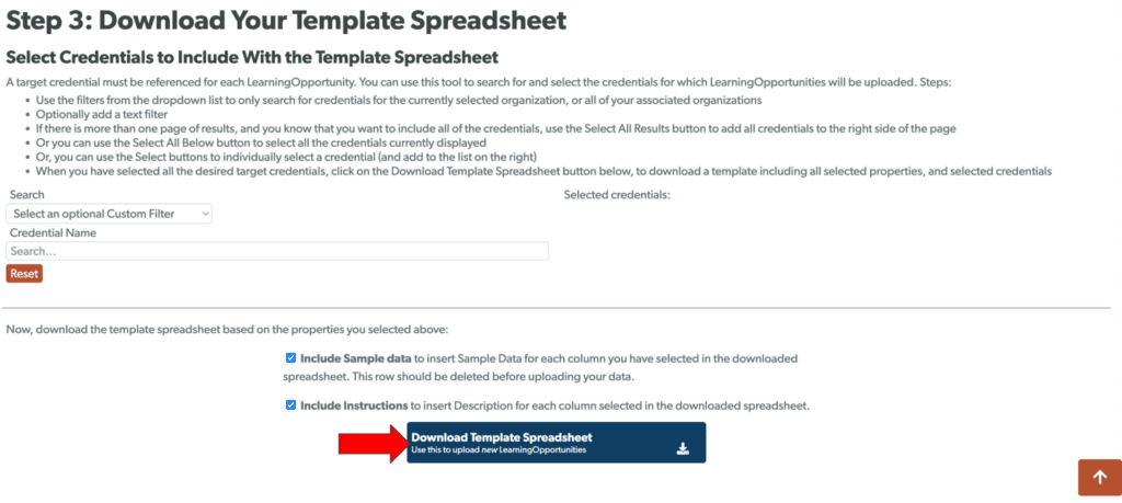 Step 3 of the Bulk Upload tool, with the Download Template Spreadsheet button.