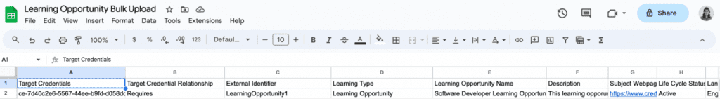 The template spreadsheet, showing column A and rows 2 and 3, which must be deleted before uploading.