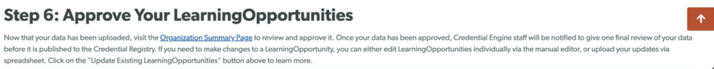 Step 6 of the Bulk Upload tool, with the blue link to the Organization Summary page.
