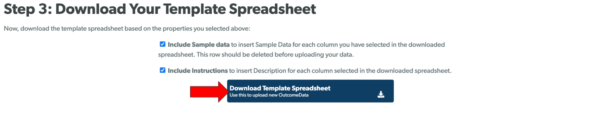 A screenshot of "Step 3: Download Your Template Spreadsheet", with a red arrow pointing out the large blue "Download Template Spreadsheet" button at the bottom of the section.